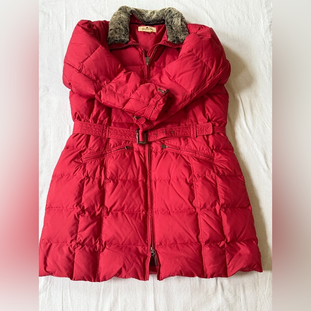 Woolrich Quilted Jacket Long Duck Down Insulated Fur Collar Belted 2XL ruby red - Picture 5 of 14
